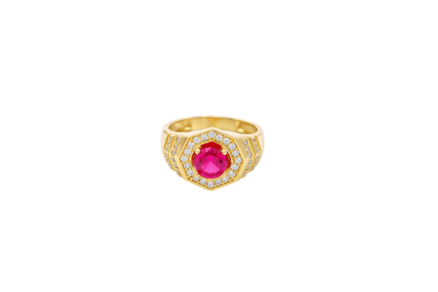 14KT Gold Ring Men's Octagon Red Round CZ Center Stone White CZ Stone Border Side Design Two Single Rows of Six White CZ Stones
