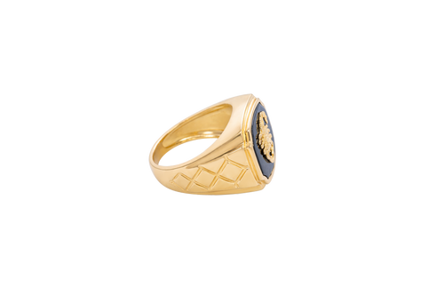 14KT Gold Ring Men's Square Onyx Scorpion Plain Border Side Design Triple Stacked Rhombus