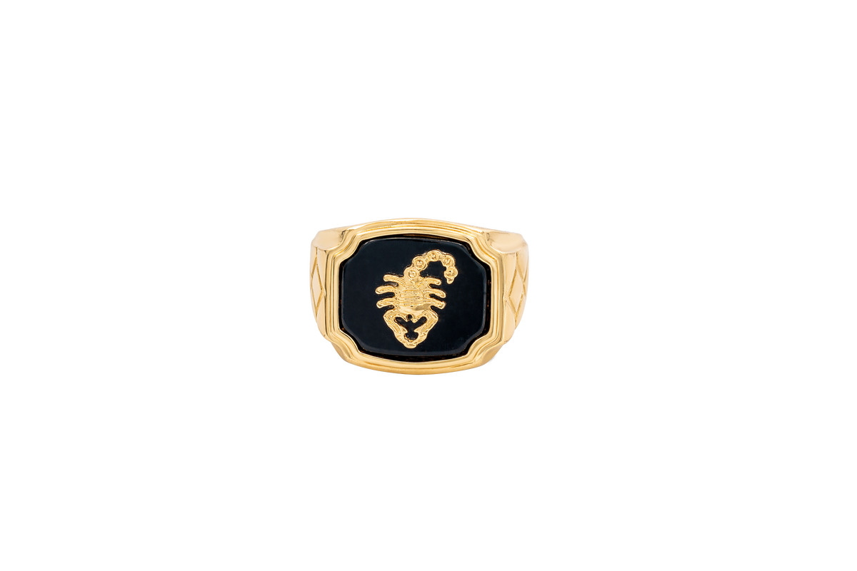 14KT Gold Ring Men's Square Onyx Scorpion Plain Border Side Design Triple Stacked Rhombus