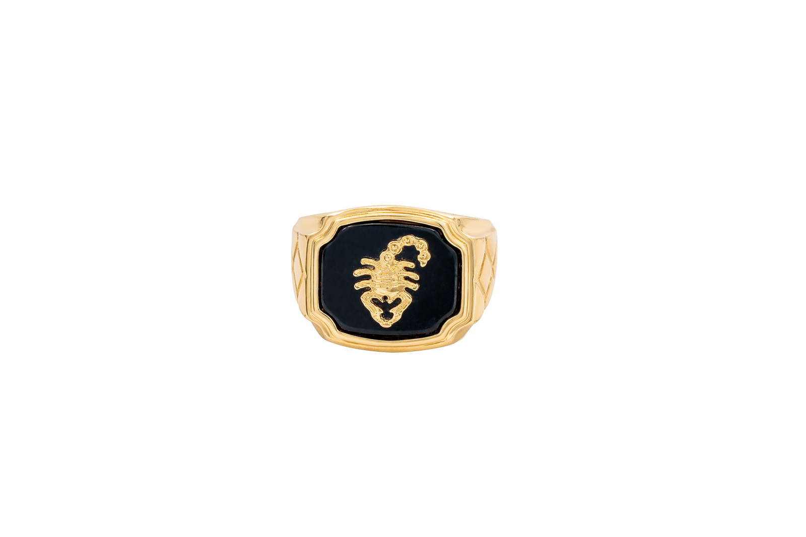 14KT Gold Ring Men's Square Onyx Scorpion Plain Border Side Design Triple Stacked Rhombus