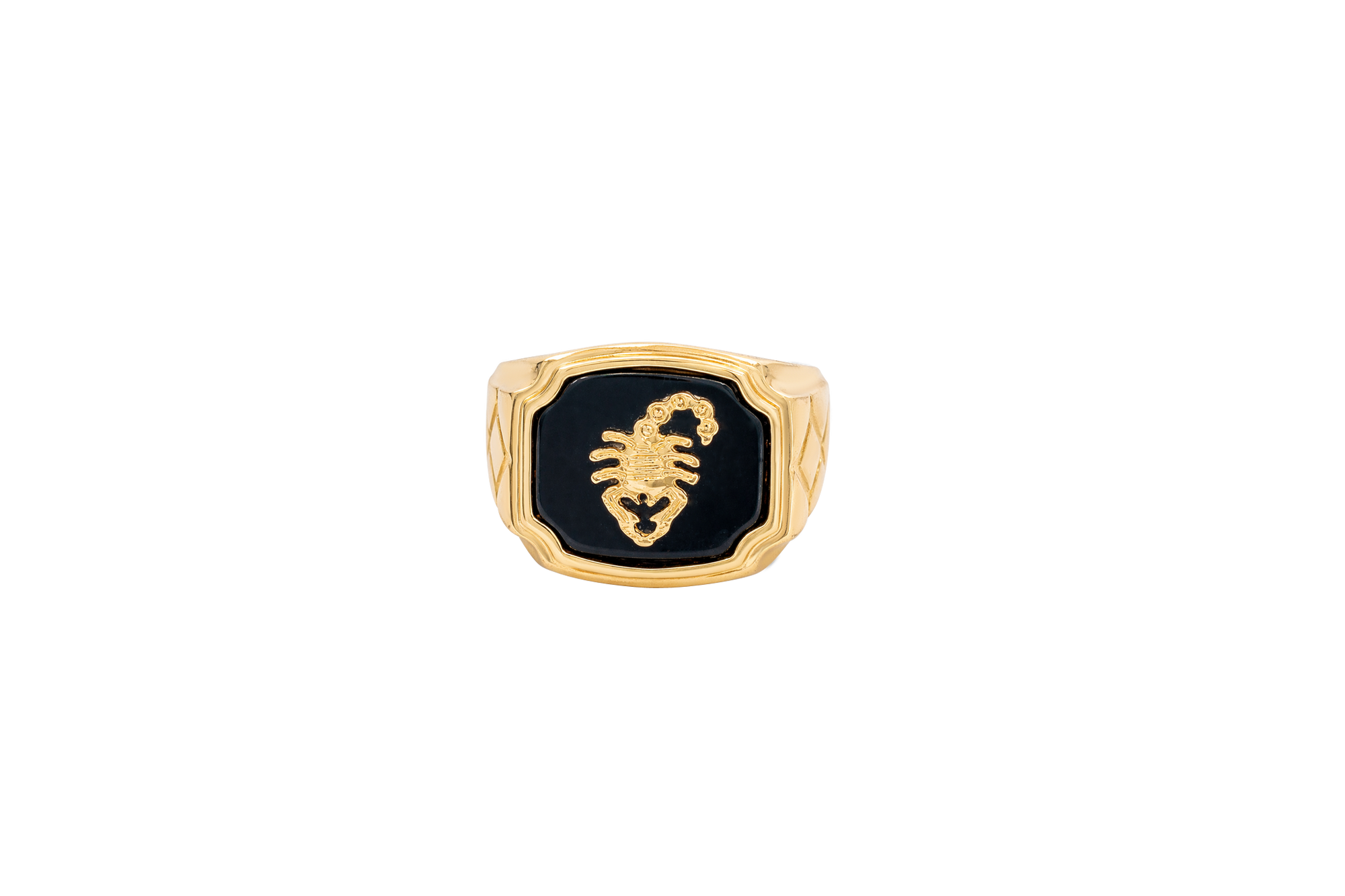 14KT Gold Ring Men's Square Onyx Scorpion Plain Border Side Design Triple Stacked Rhombus