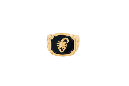 14KT Gold Ring Men's Square Onyx Scorpion Plain Border Side Design Triple Stacked Rhombus