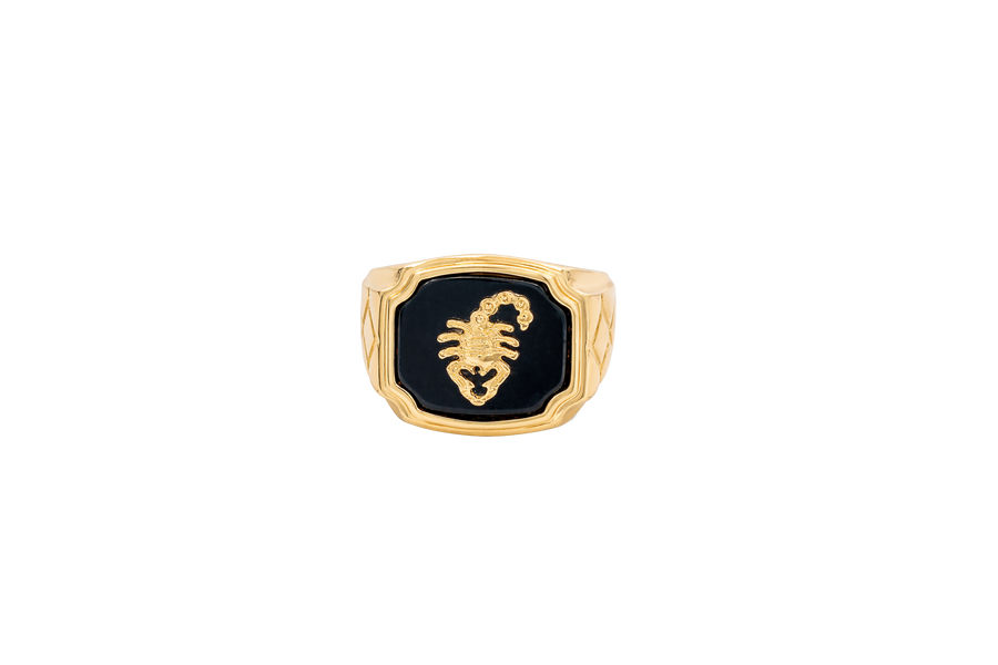 14KT Gold Ring Men's Square Onyx Scorpion Plain Border Side Design Triple Stacked Rhombus
