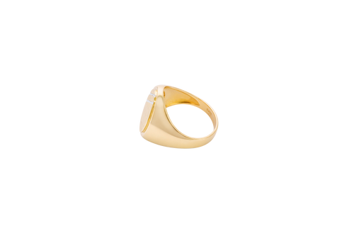 14KT Gold Ring Men's Two Tone Oval Signet Two Diagonal Stripe Plain Border Side Design Plain