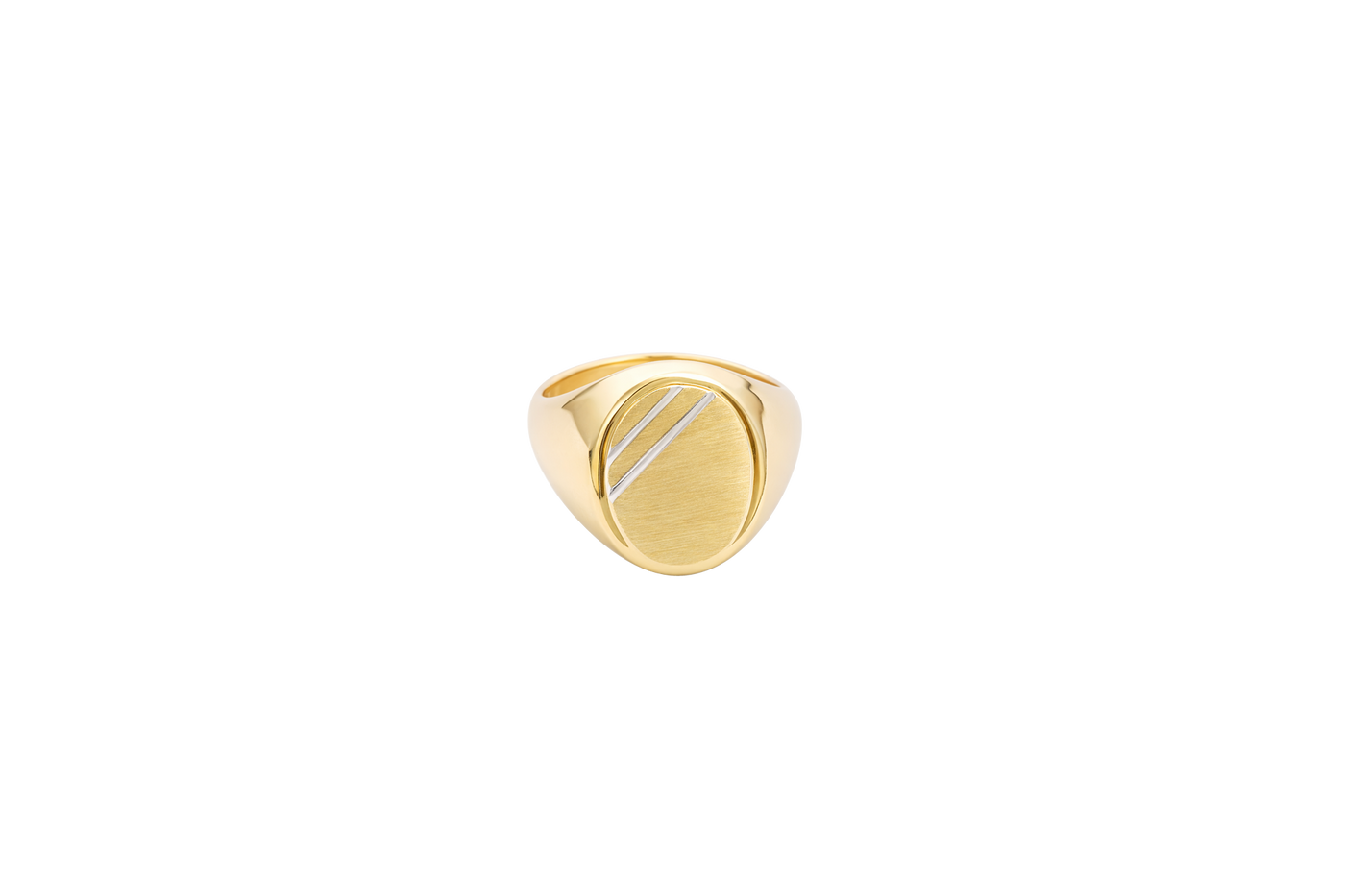 14KT Gold Ring Men's Two Tone Oval Signet Two Diagonal Stripe Plain Border Side Design Plain