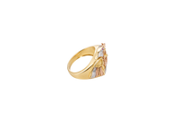 14KT Gold Ring Men's Round Tri Tone Eagle/Snake 12 White Round CZ Stones Single Row Lower Border Side Design Plain