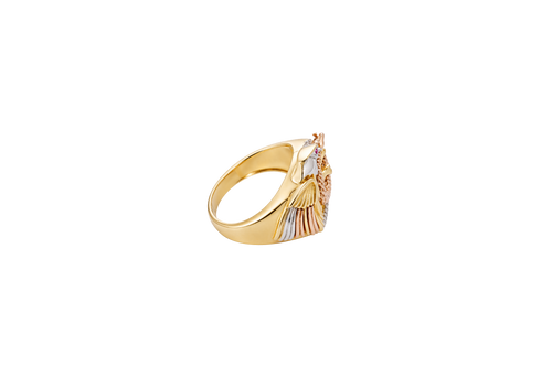 14KT Gold Ring Men's Round Tri Tone Eagle/Snake 12 White Round CZ Stones Single Row Lower Border Side Design Plain