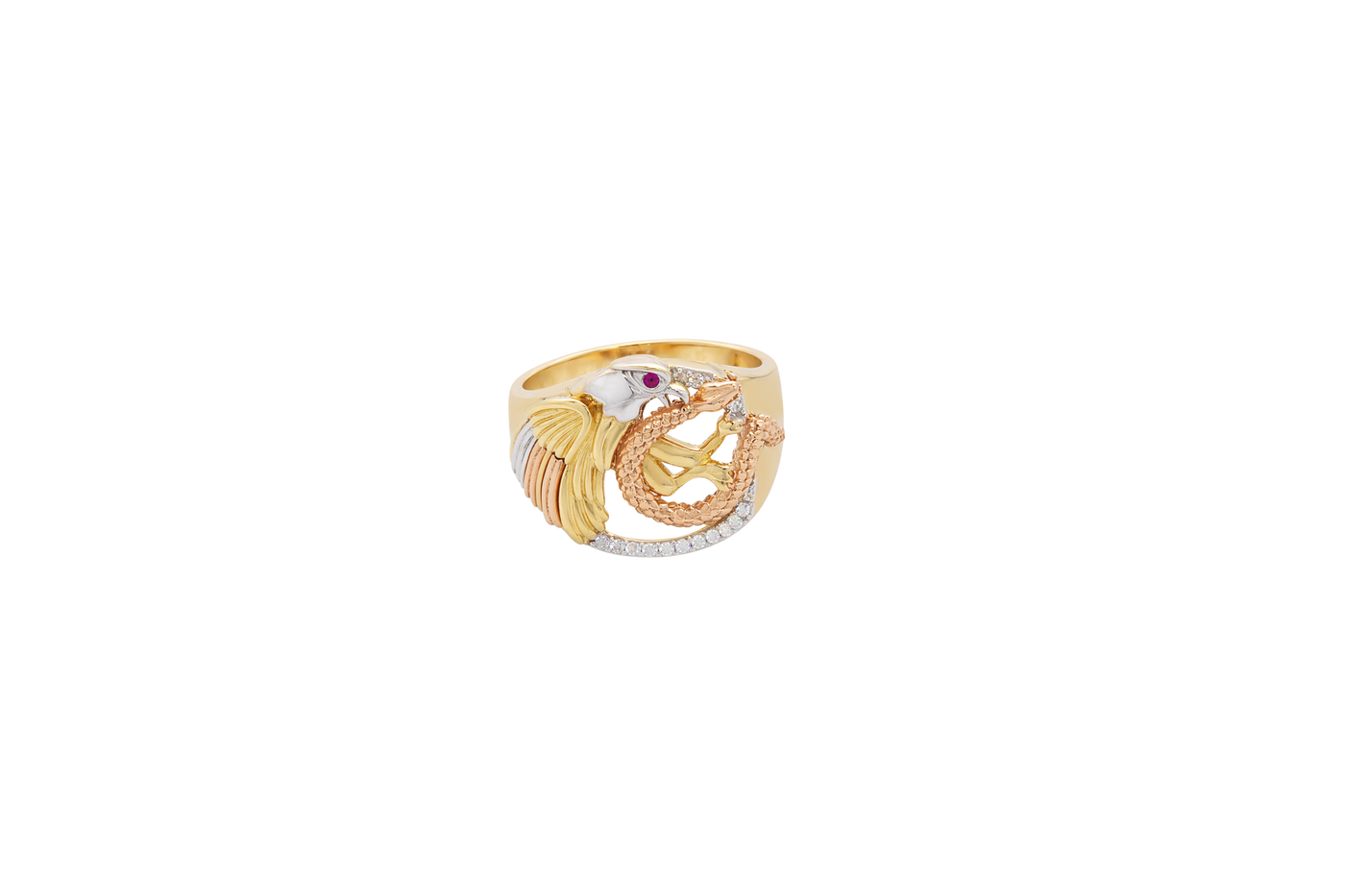 14KT Gold Ring Men's Round Tri Tone Eagle/Snake 12 White Round CZ Stones Single Row Lower Border Side Design Plain
