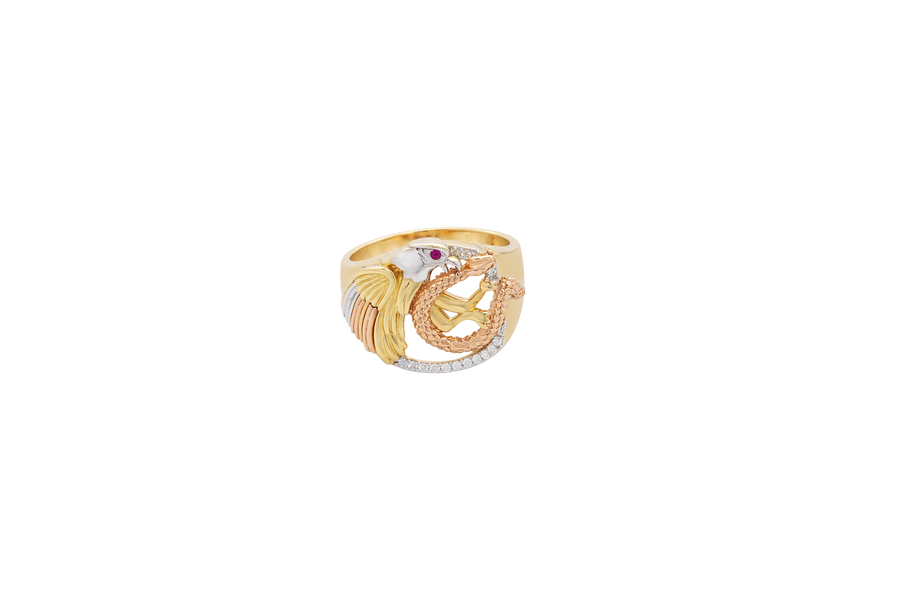 14KT Gold Ring Men's Round Tri Tone Eagle/Snake 12 White Round CZ Stones Single Row Lower Border Side Design Plain