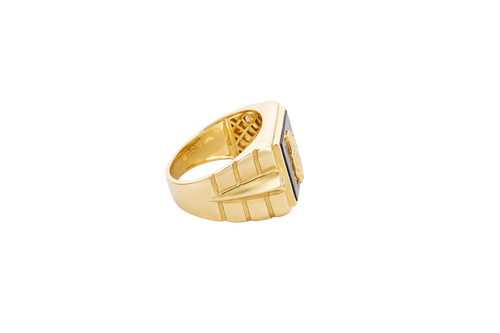 14KT Gold Ring Men's Square Onyx St. Jude White CZ Top Stones Side Design 3D Diamond Column Shape