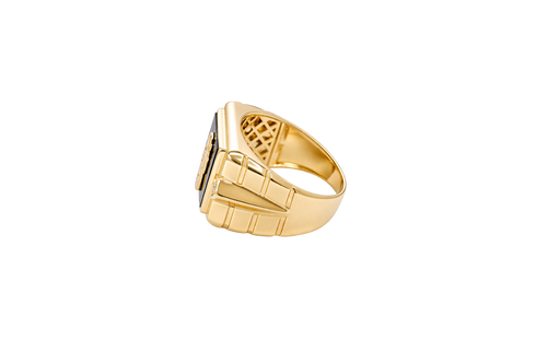 14KT Gold Ring Men's Square Onyx St. Jude White CZ Top Stones Side Design 3D Diamond Column Shape