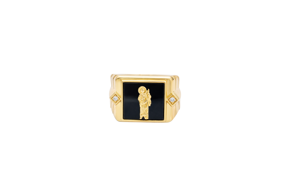 14KT Gold Ring Men's Square Onyx St. Jude White CZ Top Stones Side Design 3D Diamond Column Shape