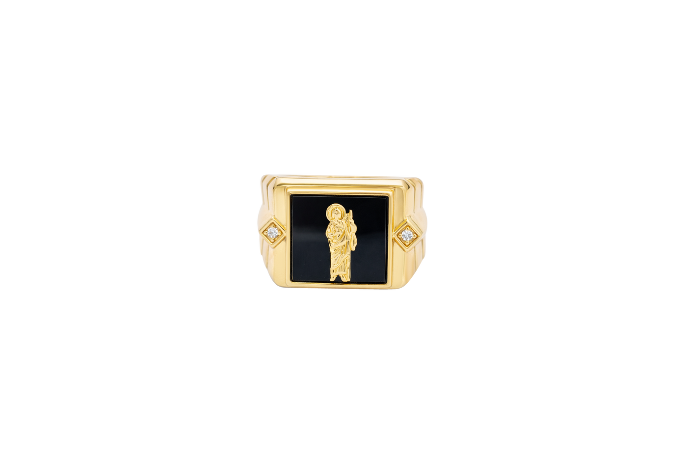 14KT Gold Ring Men's Square Onyx St. Jude White CZ Top Stones Side Design 3D Diamond Column Shape
