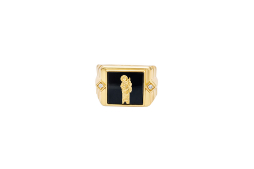 14KT Gold Ring Men's Square Onyx St. Jude White CZ Top Stones Side Design 3D Diamond Column Shape