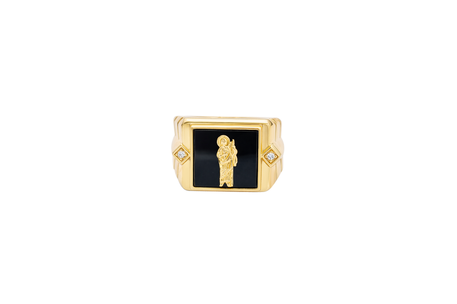 14KT Gold Ring Men's Square Onyx St. Jude White CZ Top Stones Side Design 3D Diamond Column Shape