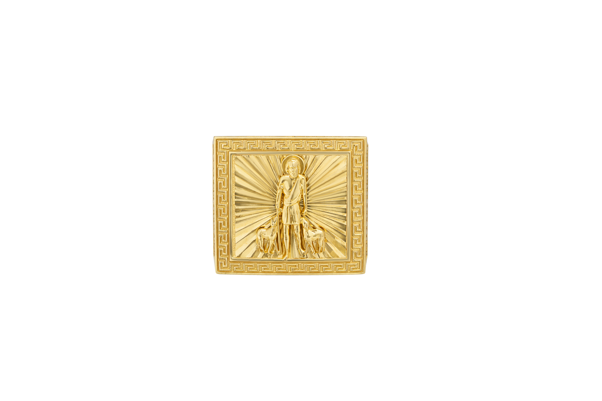 14KT Gold Ring Men's Square St. Lazarus Greek Border with White CZ Double Row Side Stones