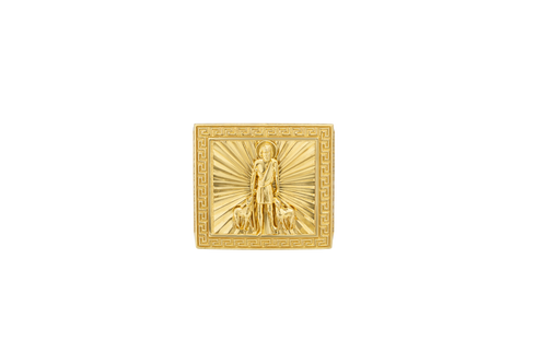 14KT Gold Ring Men's Square St. Lazarus Greek Border with White CZ Double Row Side Stones