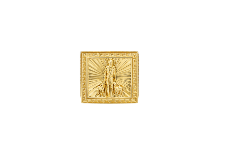 14KT Gold Ring Men's Square St. Lazarus Greek Border with White CZ Double Row Side Stones