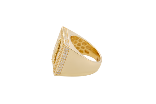 14KT Gold Ring Men's Square St. Lazarus Greek Border with White CZ Double Row Side Stones