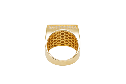 14KT Gold Ring Men's Square St. Lazarus Greek Border with White CZ Double Row Side Stones