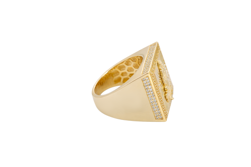 14KT Gold Ring Men's Square St. Lazarus Greek Border with White CZ Double Row Side Stones
