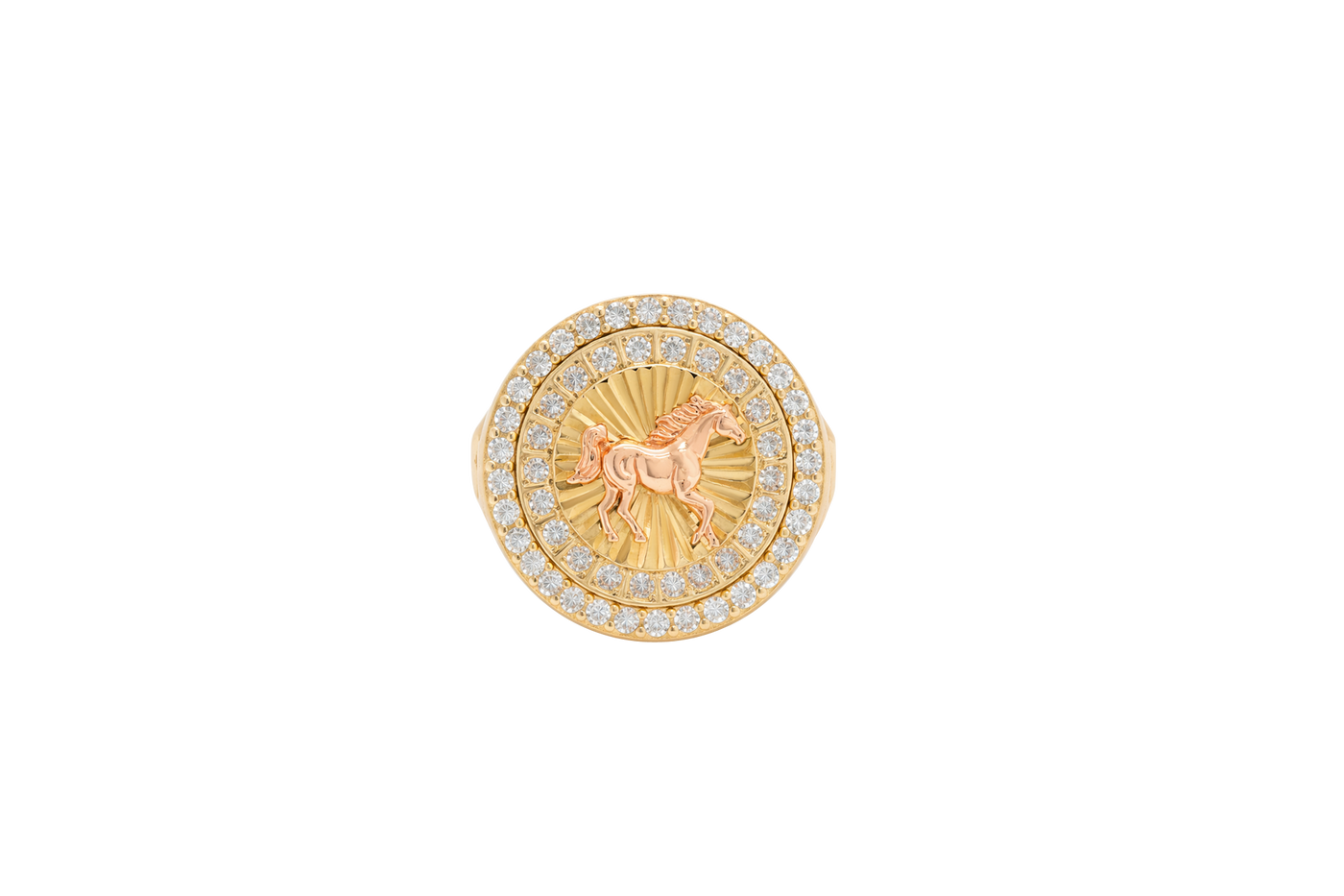 14KT Gold Ring Men's Round Two Tone Running Horse with Double White CZ Stones Border Seven Grooved Lines on Band