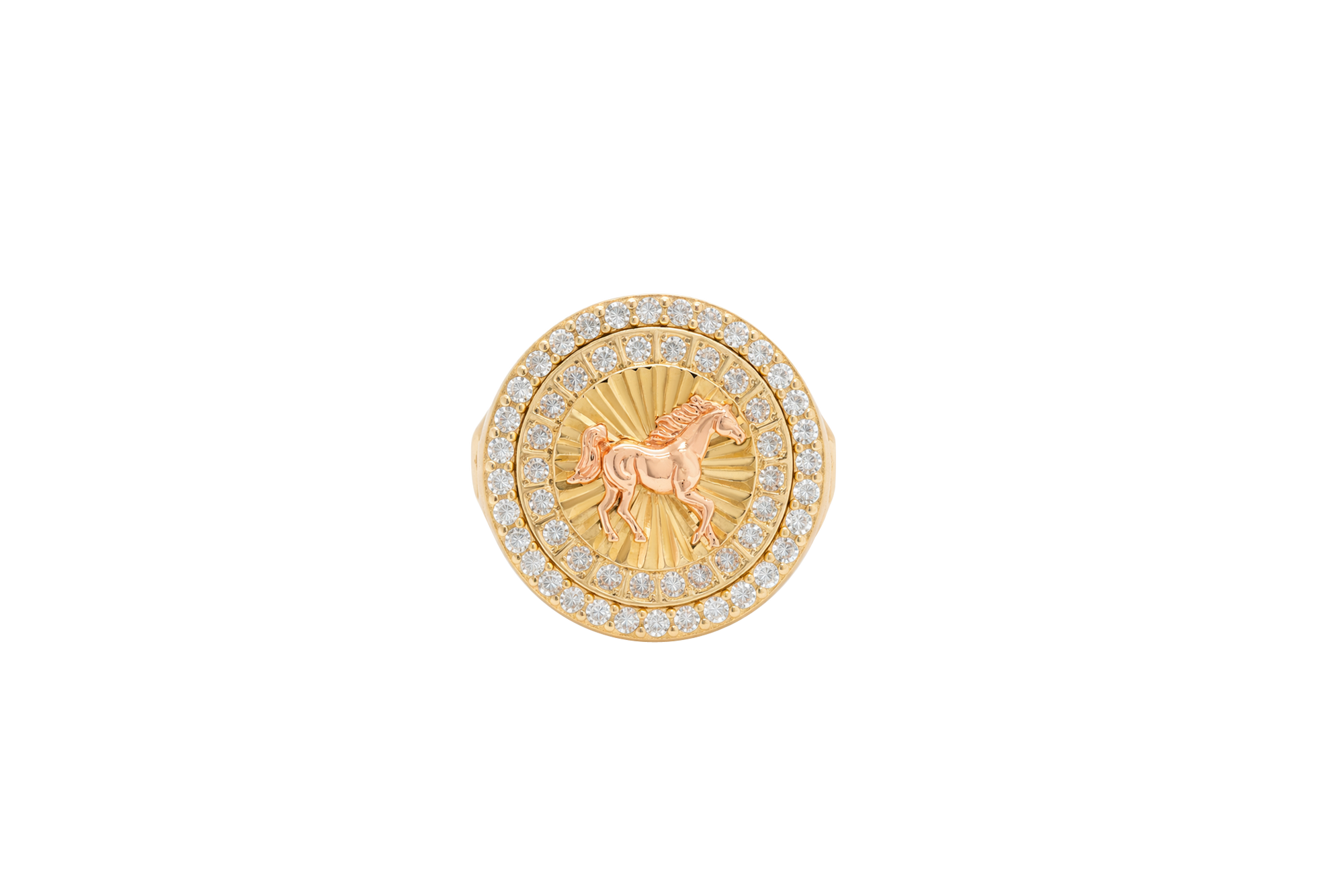 14KT Gold Ring Men's Round Two Tone Running Horse with Double White CZ Stones Border Seven Grooved Lines on Band