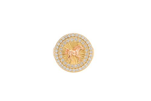 14KT Gold Ring Men's Round Two Tone Running Horse with Double White CZ Stones Border Seven Grooved Lines on Band