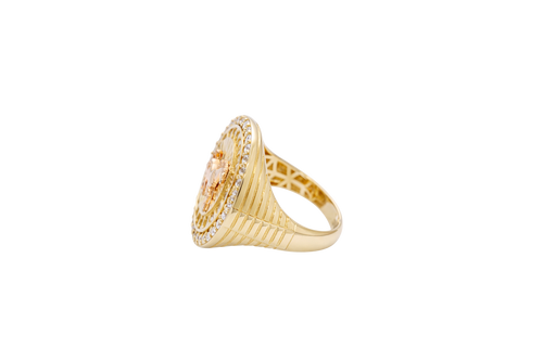 14KT Gold Ring Men's Round Two Tone Running Horse with Double White CZ Stones Border Seven Grooved Lines on Band