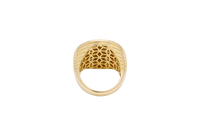 14KT Gold Ring Men's Round Two Tone Running Horse with Double White CZ Stones Border Seven Grooved Lines on Band