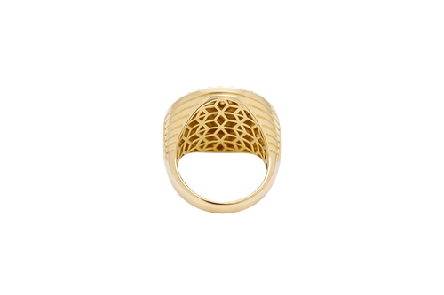 14KT Gold Ring Men's Round Two Tone Running Horse with Double White CZ Stones Border Seven Grooved Lines on Band