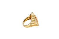 14KT Gold Ring Men's Round Two Tone Running Horse with Double White CZ Stones Border Seven Grooved Lines on Band