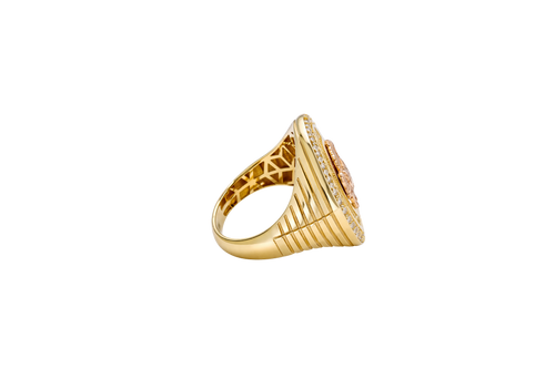 14KT Gold Ring Men's Round Two Tone Running Horse with Double White CZ Stones Border Seven Grooved Lines on Band