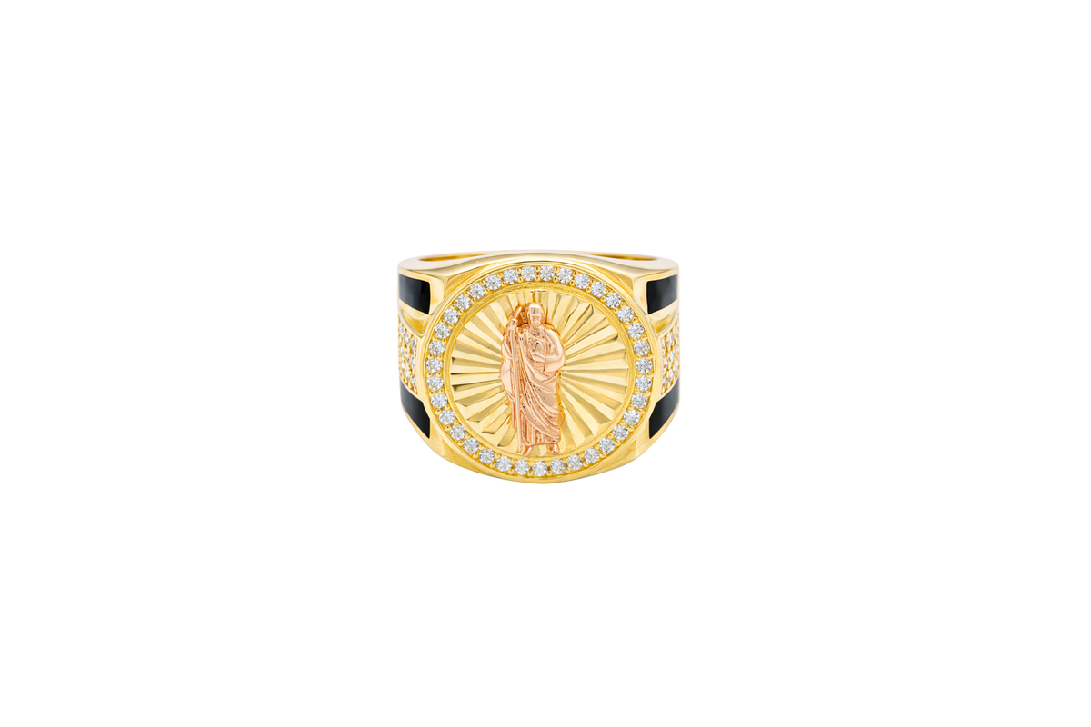 14KT Gold Ring Men's Round Two Tone St. Jude White CZ Stone Border with Triple Row White CZ Side Stones and Onyx Stripe