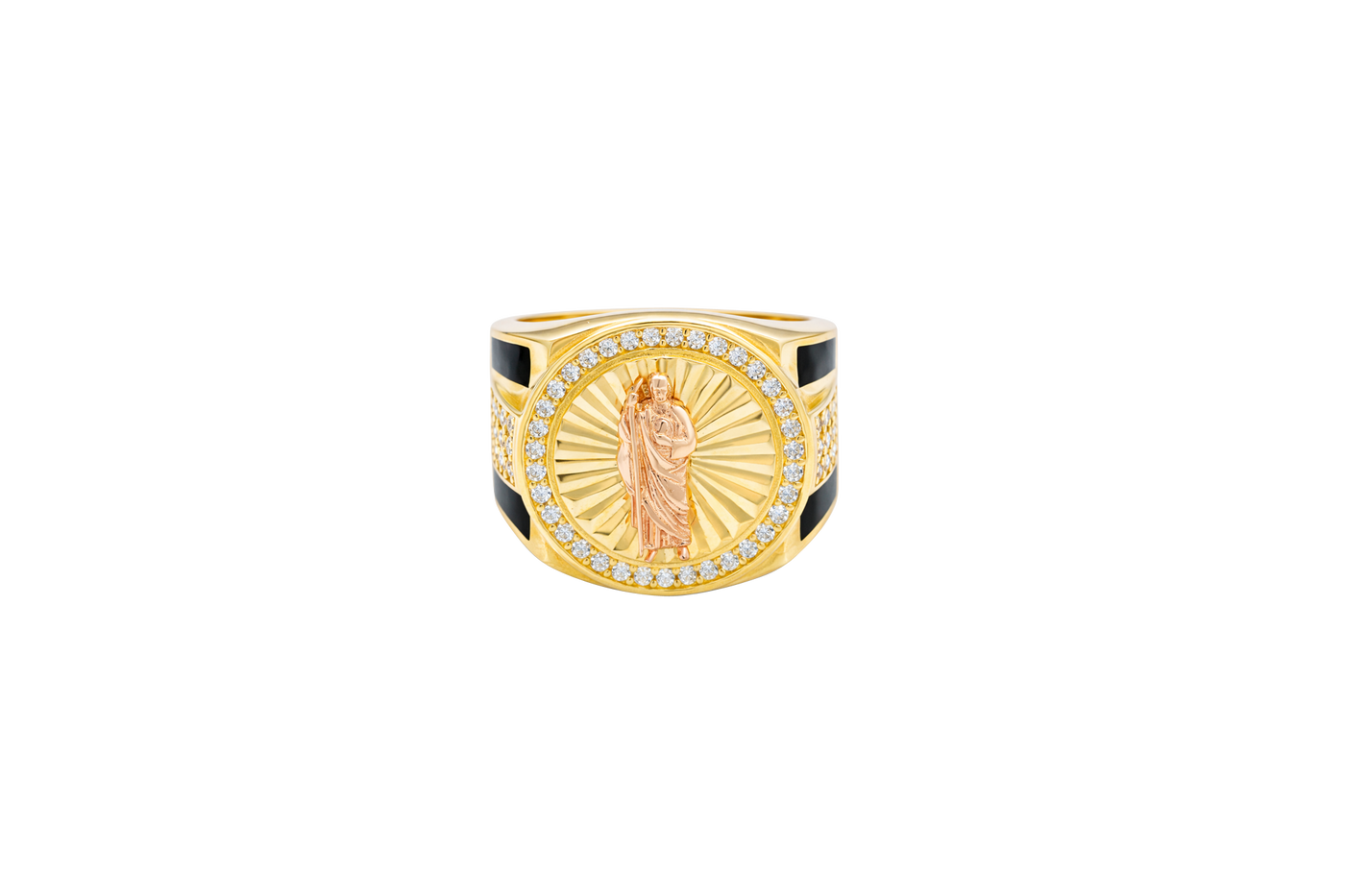 14KT Gold Ring Men's Round Two Tone St. Jude White CZ Stone Border with Triple Row White CZ Side Stones and Onyx Stripe