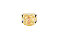 14KT Gold Ring Men's Round Two Tone St. Jude White CZ Stone Border with Triple Row White CZ Side Stones and Onyx Stripe
