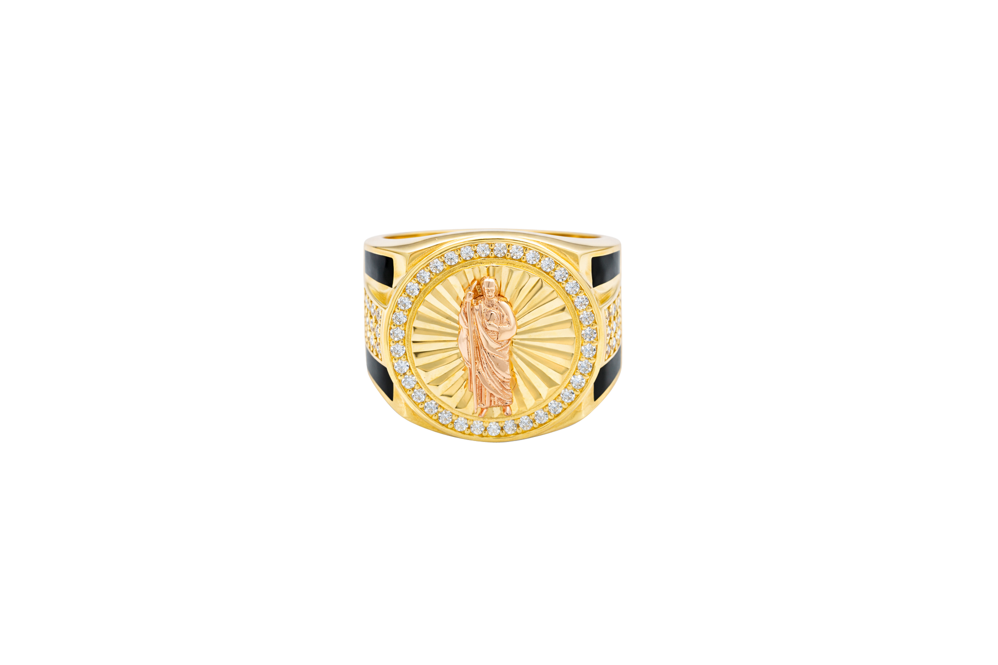 14KT Gold Ring Men's Round Two Tone St. Jude White CZ Stone Border with Triple Row White CZ Side Stones and Onyx Stripe
