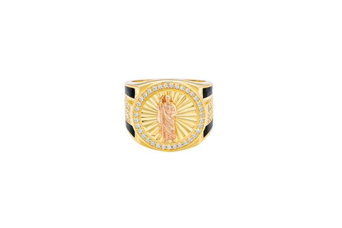 14KT Gold Ring Men's Round Two Tone St. Jude White CZ Stone Border with Triple Row White CZ Side Stones and Onyx Stripe