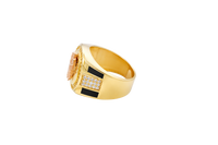 14KT Gold Ring Men's Round Two Tone St. Jude White CZ Stone Border with Triple Row White CZ Side Stones and Onyx Stripe