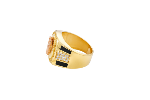 14KT Gold Ring Men's Round Two Tone St. Jude White CZ Stone Border with Triple Row White CZ Side Stones and Onyx Stripe