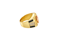 14KT Gold Ring Men's Round Two Tone St. Jude White CZ Stone Border with Triple Row White CZ Side Stones and Onyx Stripe