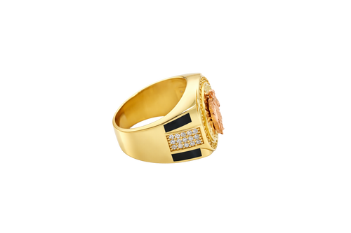 14KT Gold Ring Men's Round Two Tone St. Jude White CZ Stone Border with Triple Row White CZ Side Stones and Onyx Stripe