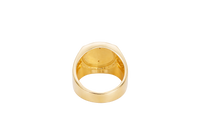 14KT Gold Ring Men's Round Two Tone St. Jude White CZ Stone Border with Triple Row White CZ Side Stones and Onyx Stripe