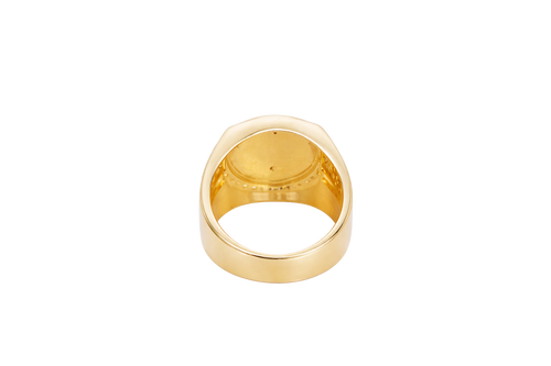 14KT Gold Ring Men's Round Two Tone St. Jude White CZ Stone Border with Triple Row White CZ Side Stones and Onyx Stripe