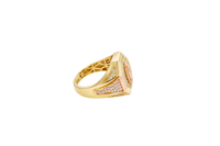 14KT Gold Ring Men's Octagon Two Tone Virgin Mary with White CZ Stones Background and Triple Row of White CZ Stones on Band