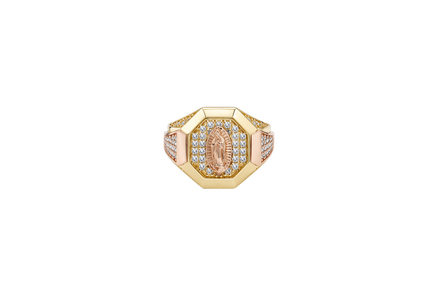 14KT Gold Ring Men's Octagon Two Tone Virgin Mary with White CZ Stones Background and Triple Row of White CZ Stones on Band