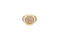 14KT Gold Ring Men's Octagon Two Tone Virgin Mary with White CZ Stones Background and Triple Row of White CZ Stones on Band