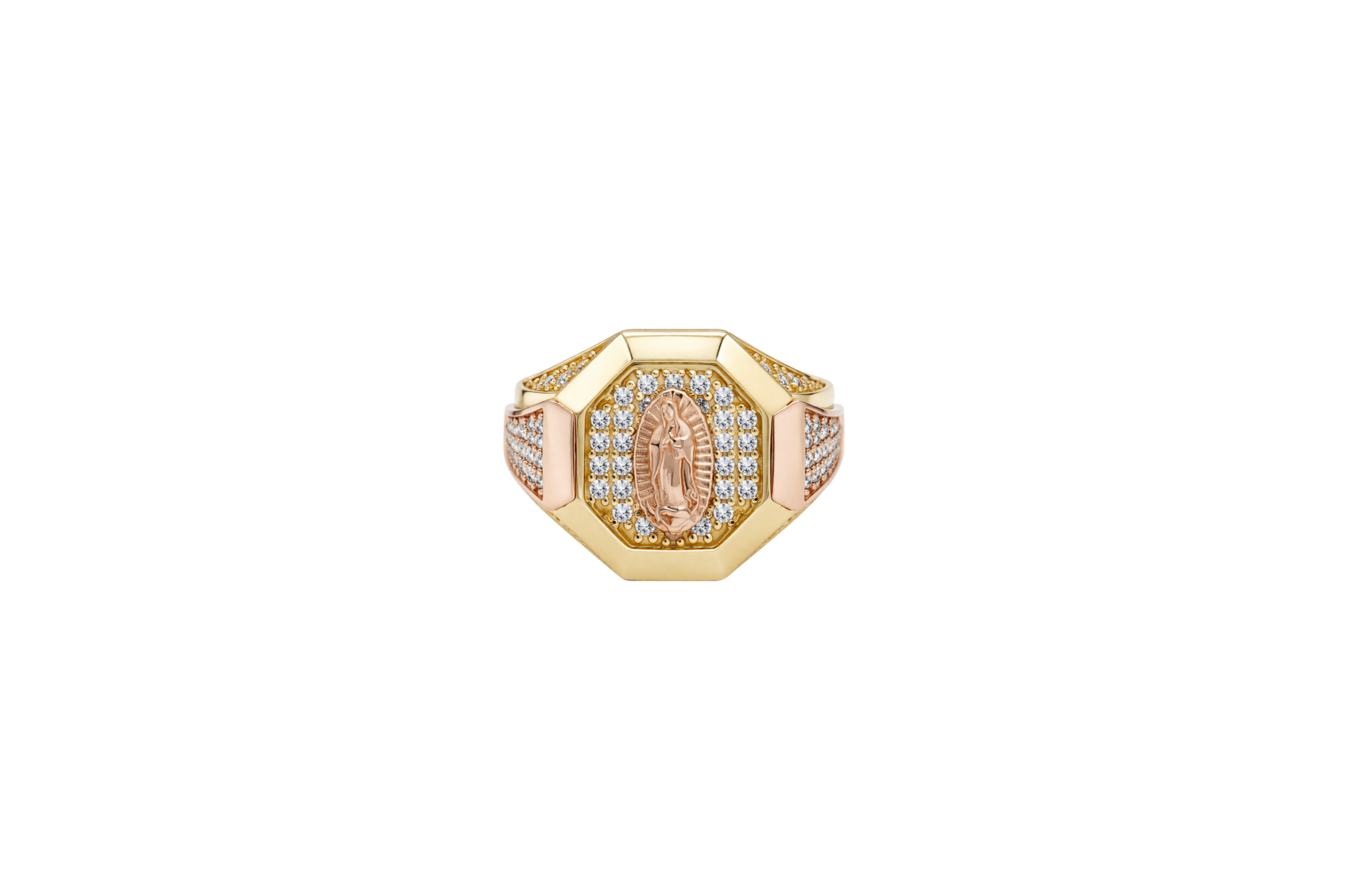 14KT Gold Ring Men's Octagon Two Tone Virgin Mary with White CZ Stones Background and Triple Row of White CZ Stones on Band