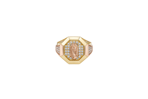 14KT Gold Ring Men's Octagon Two Tone Virgin Mary with White CZ Stones Background and Triple Row of White CZ Stones on Band