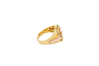 14KT Gold Ring Men's Round Two Tone Anchor White CZ Stones Background White CZ Stones Border Green CZ Stone on North, South, West, and East Border of the Ring